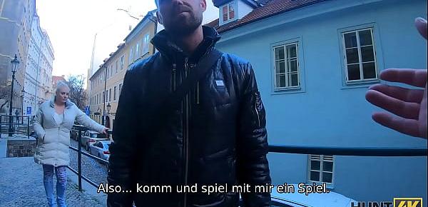 HUNT4K. Der Mensch bewundert, wie vollbusige Schönheit Jäger auf Titten abspritzen lässt